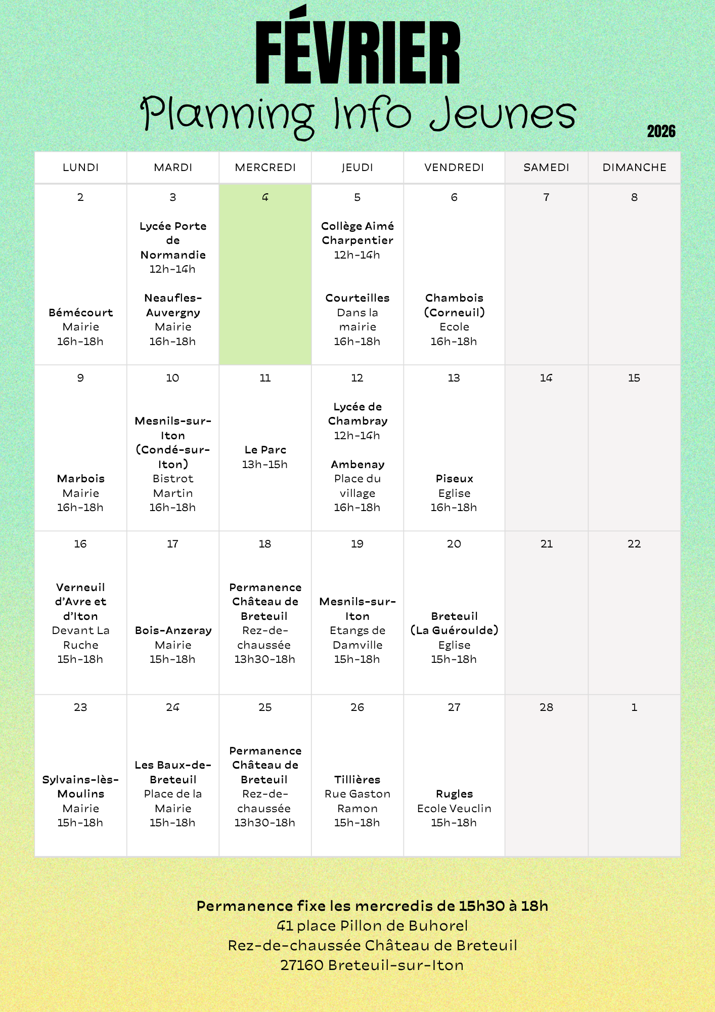 Fevrier Calendrier mensuel