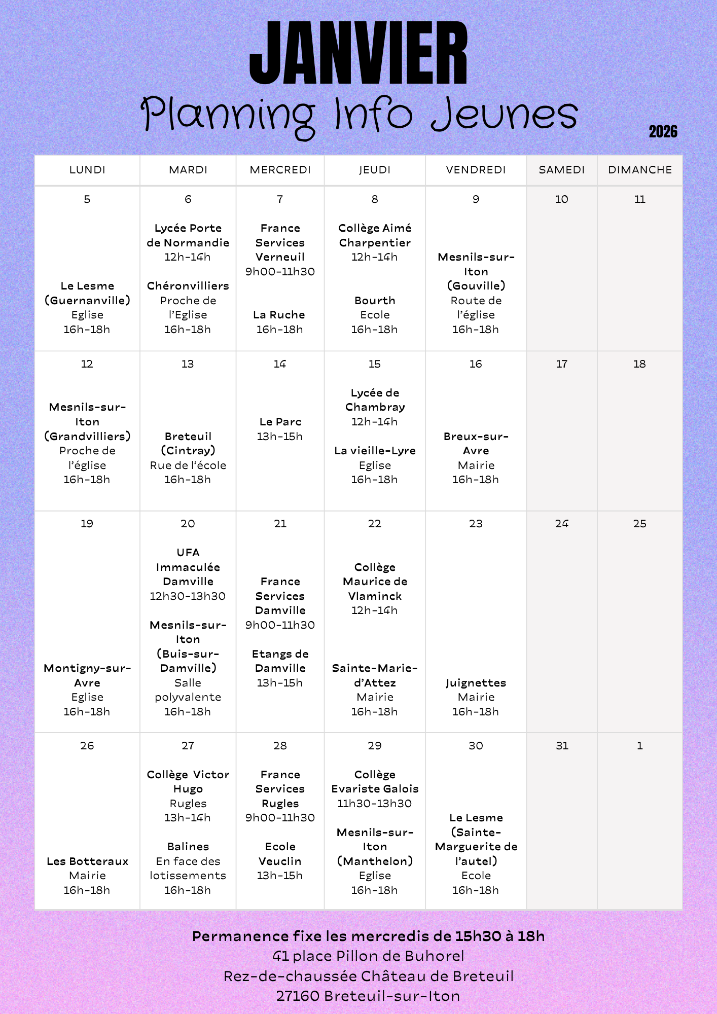 Janvier Calendrier mensuel